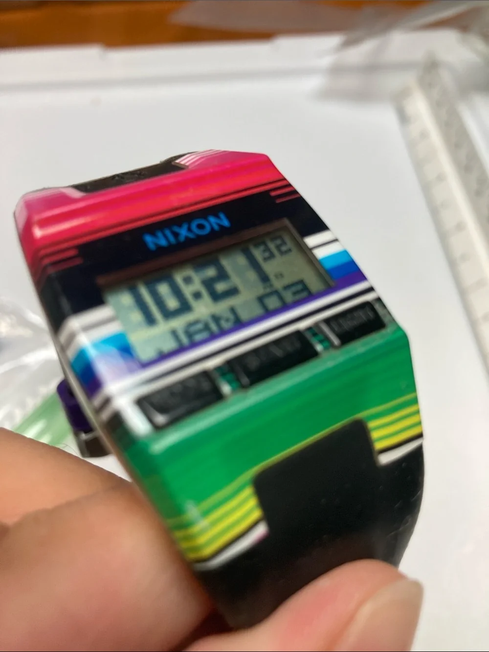 Nixon The Comp S, Digital Watch - Pink, Green & Black Stripes, new battery
